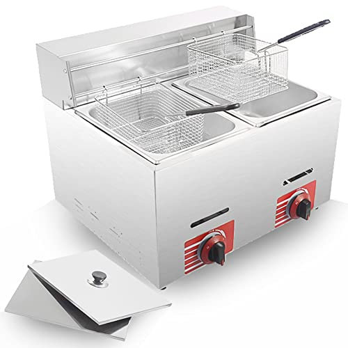 Friteuse commerciale à gaz GPL avec panier et couvercle de 10 L x 2, comptoir en acier inoxydable, propane-LPG GF-72 Propane (GPL) avec tube métallique, cuisine domestique