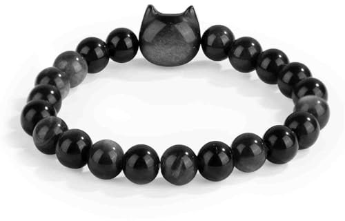Mikovivi Katzenarmband, 8mm Natürliche Schwarze Obsidian Armbänder Katzenperlenarmband Katzen Schmuck Dekorationszubehör Reichtum Wohlstand Viel Glück für Frauen und Männer