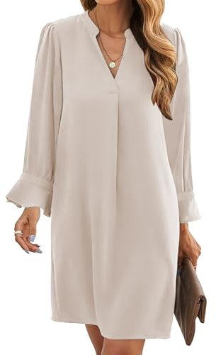 Famulily Knee Length Dresses for Women UK Flare Sleeve V Neck Mini Dress Casual Winter Swing Tunic Dresses Beige S