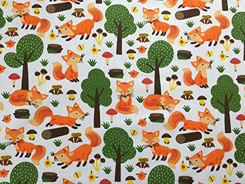 Keine Meterware, Stoffe zum Nähen, Stoff für Kinder, 100% Baumwolle, fest: 0,5m fester Jungen Baumwollstoff mit Tiere im Wald - Füchse Schmetterlinge Blumen - orange grün gelb weiß