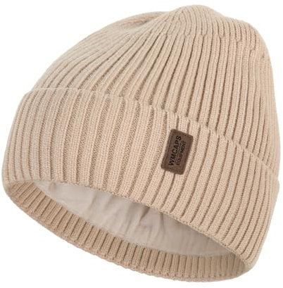Wmcaps Mütze Herren Winter, Thermo Strickmützen für Herren, Warme Fleece Laufmütze Beanie Damen Herrenmütze Winter, Winddichte Wintermütze Männer Gefütterte und Gepolsterte Unisex-Mütze(Beige)