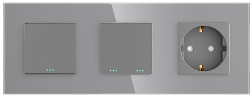 PULSAR Steckdose mit Kreuzschalter und Serienschalter Unterputz, 3-Fache Kombination mit Rahmen aus Glas in Grau