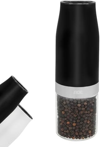 ADE Pfeffermühle elektrisch mit Kippsensor | Salzmühle mit Keramikmahlwerk | Gewürzmühle | stufenlos einstellbar | Salz, Pfeffer, Chili, getrocknete Kräuter | Kräutermühle | mit Beleuchtung | schwarz