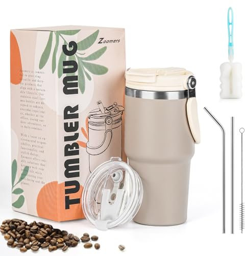 Zoomers Mug Isotherme Cafe avec Paille Inox et Poignée.Tasse Isotherme Cafe Paille avec 2 Couvercle Anti-Fuite.Gobelet Isotherme pour Boissons Chaudes et Glacé.Gobelet Smoothie/Cafe 600ml