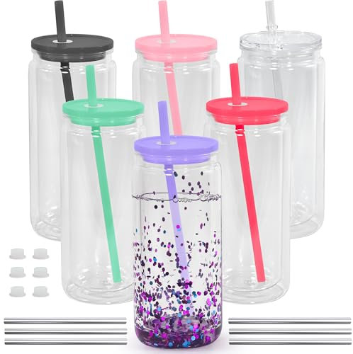 Icesip 20oz Plastic Snow Globe Tumblers, 6 Pack Acrylic Double Wall Tumbler with Lids and Straws, Acrylic Snowglobe Cups with Pre Drilled Hole for Snow Globe Glitter DIY