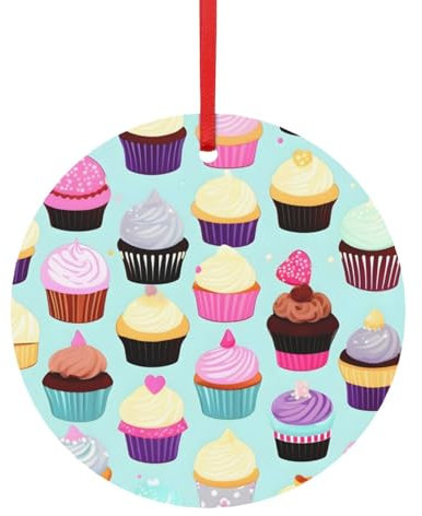 Cupcake-Muster, Metall, Cupcake-Muster, Sublimation, Weihnachtsschmuck für Weihnachtsbaumdekoration, Anhänger mit Band, verschiedene Größen (klein, groß)