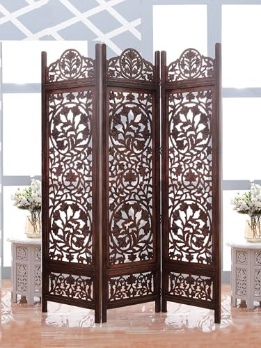 iAnanas Handgefertigter Raumteiler aus Massivem Mangoholz & MDF, 3-teiliger Faltbarer Paravent mit Dekorativen Mustern, Platzsparend, Einfach zu Montieren, Ideal als Sichtschutz, 152 x 180 cm