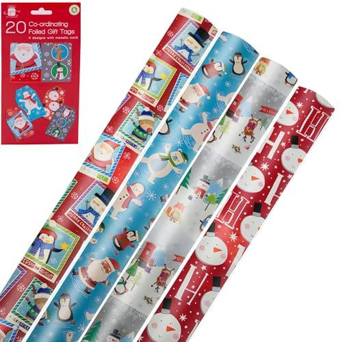 4 X 7M Cute Christmas Wrapping Paper Roll (28 meters) Ideal for Xmas, Festive Season 20 Foiled Gift Tags Included - Made in Uk