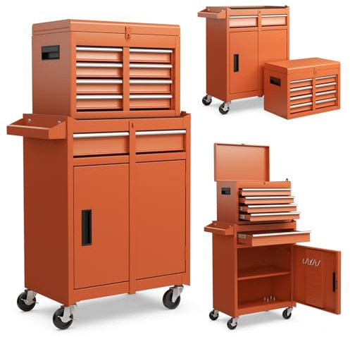 Goplus Rolling Tool Chest, 5-Drawer Tool Box Organizer w/Lockable Wheels & Sliding Drawers & Detachable Top & Adjustable Shelf, Tool Storage Cabinet for Garage Workshop (Orange)