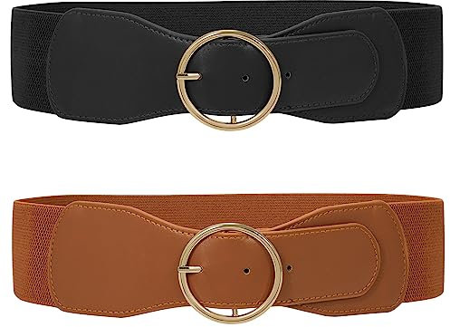 WERFORU 2 Stück Elastischer Taillengürtel für Damen Vintage Breiter Kleid Gürtel Mode Dehnbarer Cinch Gürtel Schwarz/braun