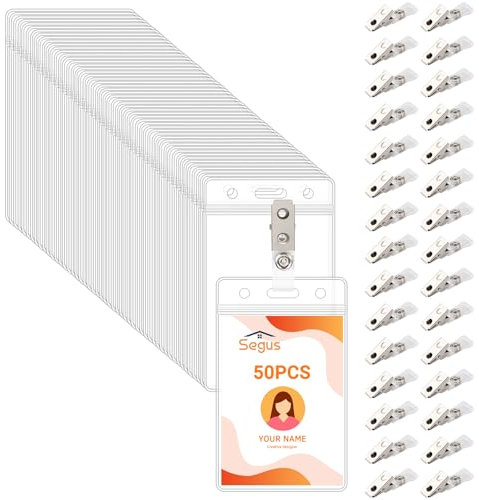 Segus Porta carte d'identità con clip, 50 pezzi, impermeabile, con clip in metallo, trasparente, per uffici, sale espositive, scuole, ospedali (verticale)