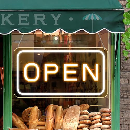 LightingWill LED Neon Open Sign, 23x 12 Open Signs for Business with 12V On/Off Switch, Light Up Signs for Window, Coffee Shops, Stores, Restaurants Bars Hotel, Yellow/White, Horizontal