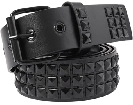 JAMAKALA Women's Studded Belt, Punk Rock Belt for Women Men, Goth Rivet Triple Grommet Belt, Black PU Leather Belt