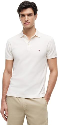 Tommy Hilfiger Men’s Polo Shirt Short Sleeve 1985 Slim Fit, Off-White (Ivory Petal), M