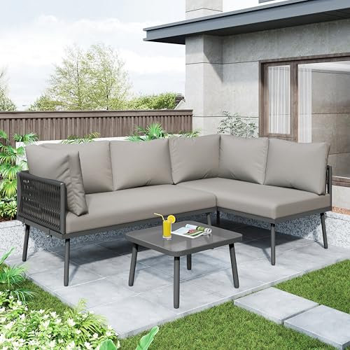 ANEC Ecklounge Sofas Set Ecksofa Outdoor Lounge Garten Terrasse Balkon Möbel 2 Sofas und 1 Tisch L-förmiges Gartenmöbelset mit gepolsterten Sitzen und verstellbaren Füßen (Grau)