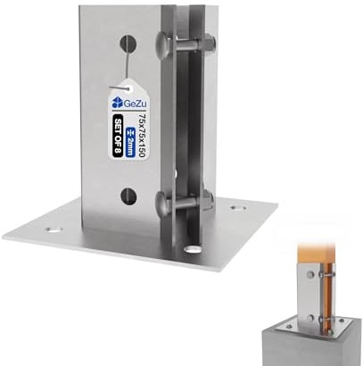 GeZu Impex Swift Clamp Bolt Down Post Support 75 x 75 mm Hot Dip Galvanised Set of 8 Post Base Bracket Fence Foot Base Square Bracket Bolt Down Post Shoe