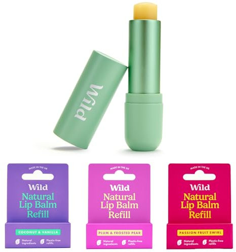Wild Natural Refillable Lip Balm Starter Kit - Includes Sage Aluminium Case & 3 Pack Lip Balm Refills in a Variety of Scents - Includes Coconut & Vanilla, Plum and Passionfruit Swirl Scents