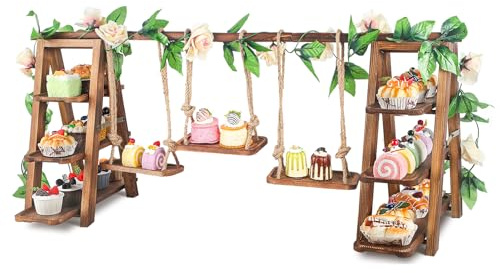 Wisreach Verbesserter großer Cupcake-Ständer aus Holz mit 3 Etagen, mit Blumendekor, abnehmbare Tabletts, faltbare Leiter für Kuchen, Snacks, Obst, Brot, Party und Catering