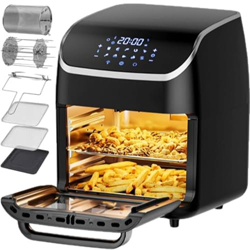 WuDLi 12L Large Air Fryer Oven, 1800W Family Size Digital Air Fryer with Rotisserie, Dehydrator, 12 Presets, 90 Minutes Timer, Preheat & Reheat Oil Less for Fry Roast Bake Grill