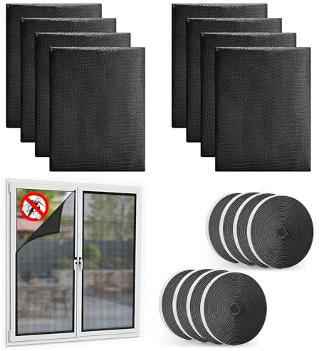 8 Stück Fliegennetz Fenster 130 x 150cm, Insektenschutz Fenster mit Innovativer Klettband Fliegengitter ohne Bohren Fenstergitter Insektenschutz aus Polyester (Schwarz)