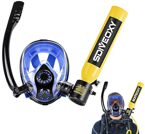 Bombona de inmersión, bombona de buceo con cubierta de esnórquel, de respiración subacuática, kit reutilizable de 0,5 litros con cobertura facial de 6 a 12 minutos de capacidad