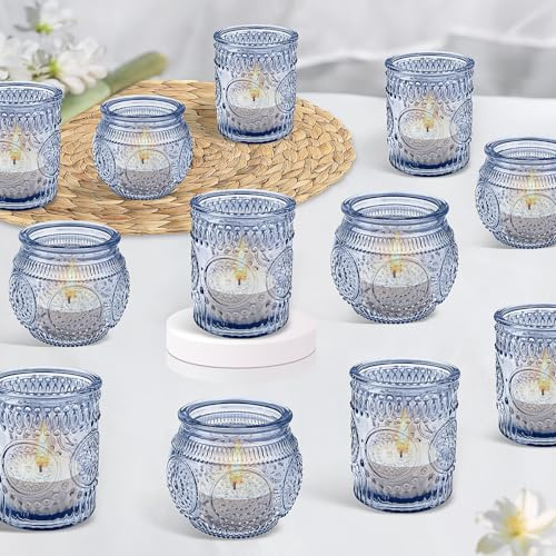 Lot de 24 Photophores en Verre – Bougeoirs Vintage pour Bougies Chauffe-Plat, Déco de Table pour Mariage, Anniversaire, Maison, Fête et Centre de Table (Bleu, Pilier+ Rond)