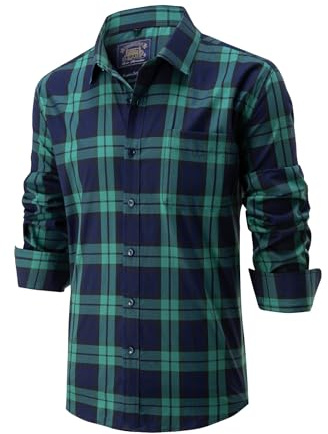 Lonvera1840 Men’s 100% Cotton Plaid Shirt, Long Sleeve Regular Fit with Pocket, Classic Tartan Check, Smart Casual Shirt for Work & Weekend, S–4XL (Green)