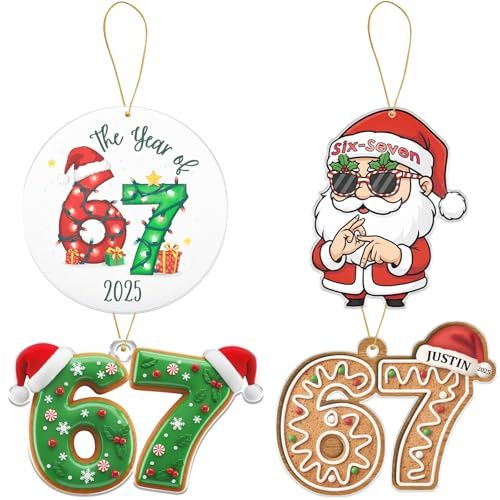 4pcs 67 Funny Christmas Ornaments 2025, 67 Meme Santa Ornaments for Christmas Tree, 2D Six Seven Tree Ornament 6 7 Stuff for Xmas Holiday Home Decor
