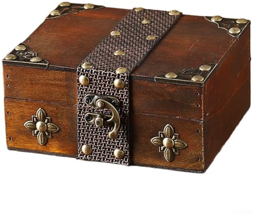 Elegante Schmucktruhe aus Holz mit Vintage-Lederriemen und Metallverschluss für sicheren Verschluss und für Heimdekoration (C)