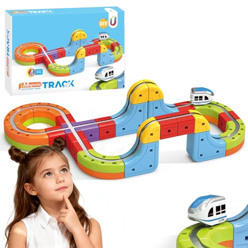 YESHIN Clickrail Elektrisches Zugset, Magnetische Schienenbausteine | DIY Zugstrecken-Set mit Schwerkraft Defying 3D-Layouts, Eisenbahn Kinder Elektrisch Geschenk für Kinder ab 3 Jahren
