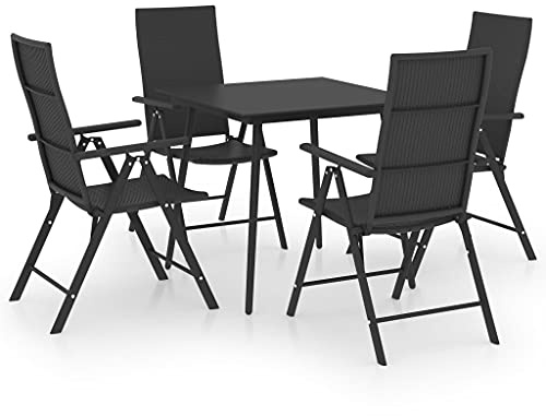 HFXHIJXQ 5-teiliges Gartenmöbel Set Schwarz mit klappbarer Rückenlehne 80 x 80 x 74 cm Tisch und 4 Stühle aus wetterfestem Polyrattan für Balkon Terrasse Garten küche oder Wintergarten