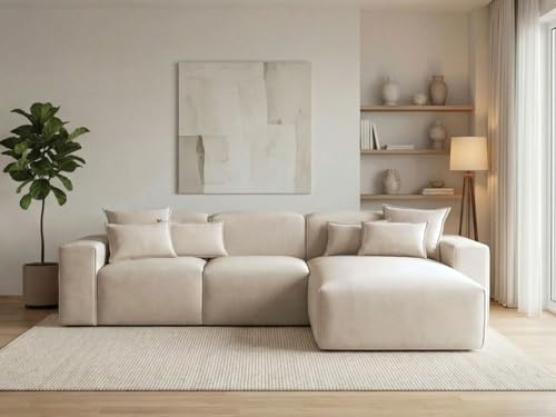 GRAINGOLD Leni Ecksofa 265x180 cm, L-Form Sofa, Ecksofa für Wohnzimmer, Geflechtstoff, 3-Sitzer Eckcouch, Modernes Design (Beige, Rechts)
