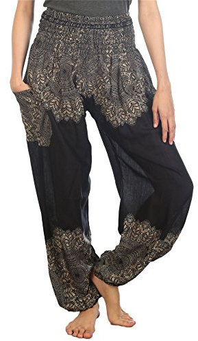 Lofbaz Damen Haremshose Yogahose Pumphose Hippie Hose Boho Kleidung Festival Outfit Sommerhose Leicht Sommer Hosen - Floral 3 Schwarz XL