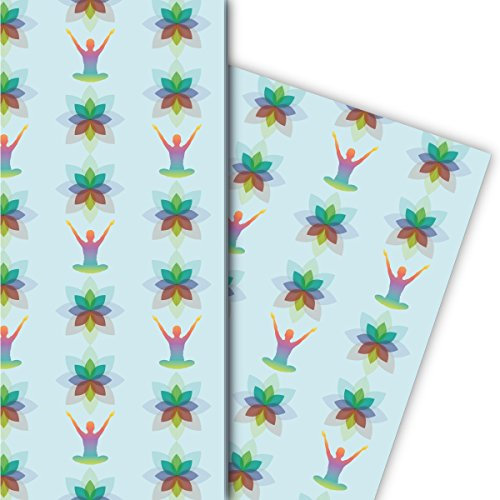 Buntes yoga Meditations Geschenkpapier mit Blüten für tolle Geschenk Verpackung und Überraschungen (4 Bogen, 32 x 48cm), auf hellblau