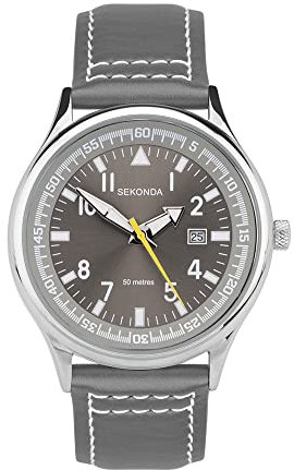 SEKONDA Men's Quartz Watch with Grey Dial Analogue Display and Brown Leather Strap 3882.27
