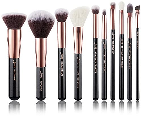 Jessup Lot de 10 pinceaux de maquillage - Pour fond de teint, eyeliner, anti-cerne, tampon - Fabrication artisanale - Poils synthétiques - Kit d'outils de maquillage - Noir et or rose - T156