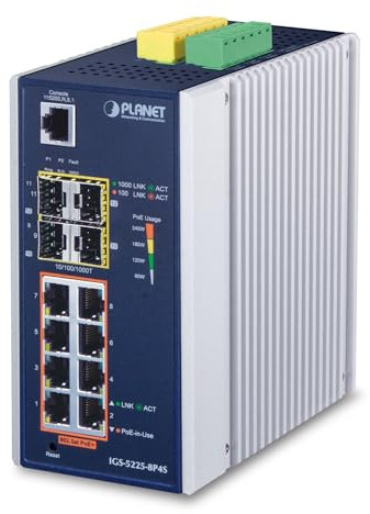 Planet IP30 Industrial L2+/L4 8-Port 1000T 802.3at PoE+ 4-port, IGS-5225-8P4S (1000T 802.3at PoE+ 4-port 100/1000X SFP Full Managed Switch (-40 to 75 C, dual redundant power input)
