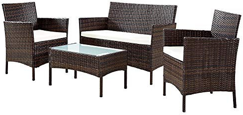 Totò Piccinni Set PRAGA Salotto Completo di Divano 2 Poltrone e Tavolino in Vetro e Poly Rattan Struttura in Acciaio con Cuscini (Marrone)