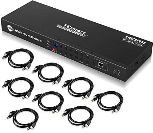TESmart HDMI KVM Switch 4K 60Hz 16 Port HDMI-KVM-Konsole Rack Mount Switch mit 8 x 1,5m KVM-Kabel, Eingangskontrolle bis zu 16 Computer/Server, USB2.0-Gerät RS232, LAN Port Control Switch