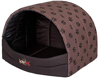 millybo Hundehütte Hundehöhle Hundebett Hundehaus S-XL (R2 (50 x 38 cm), Hellbraun mit Muster (Pfötchen))