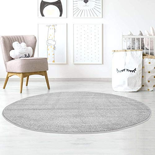 Taracarpet Kinder Teppich für das Kinderzimmer Bueno einfarbig Hochwertig mit Konturenschnitt Grau Uni 120x120 cm rund