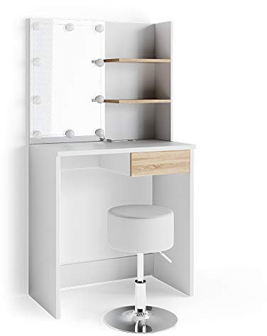 Vicco Schminktisch Dekos, Weiß/Sonoma/Sonoma, 75 cm mit LED Beleuchtung und Hocker