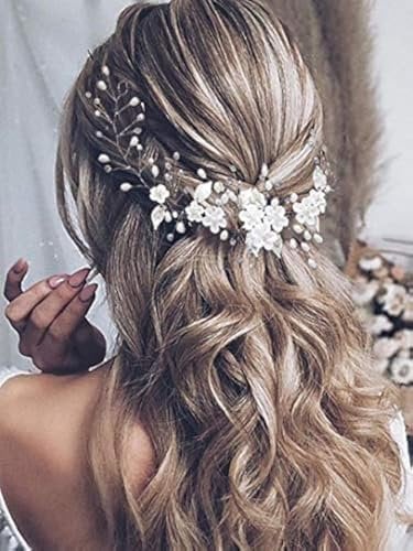 Vakkery Hochzeit Blume Haar Rebe Perle Stirnband Braut Blatt Kopfschmuck Braut Haarschmuck für Frauen Mädchen Brautjungfern (Silber)