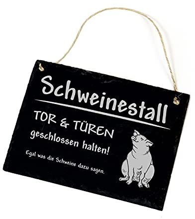 DEKO-LANDO Schweine Schild Schiefer graviert - Schweinestall Tor & Türen geschlossen halten - Stalltafel Türschild 22x16cm | Dekolando, Grau