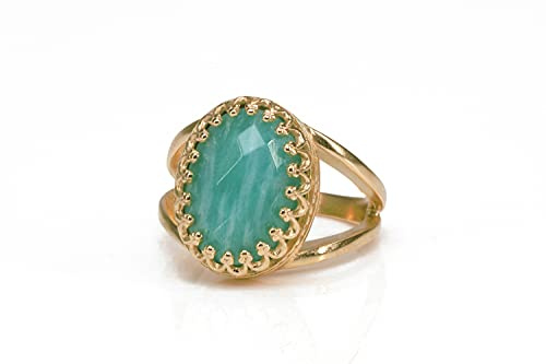 Aussage Amazonit Ring in Rose Gold - Fashion Ring für Frauen - Edelstein, Vintage, Kristall Ringe - Schmuck Geschenk für Mama, Frau, Schwester - Casual und Kleid Ring für sie - Individuelle Größe