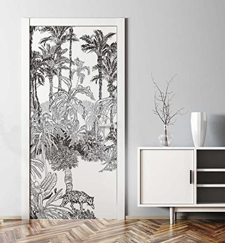 MyMaxxi - Tür bekleben mit Türtapete Türposter Türfolie Selbstklebend 90x200 Dschungel Weg - Tür verschönern Türaufkleber Türklebefolie Tropisch Palmen schwarz weiß