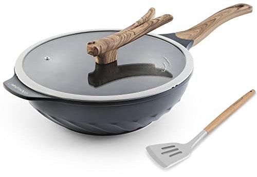 COOKLOVER Wok Bratpfannen aus Aluminiumdruckguss, kratzfest, PFOA-frei, induktionsfrei, mit Glasdeckel, 32,6 cm, schiefergrau