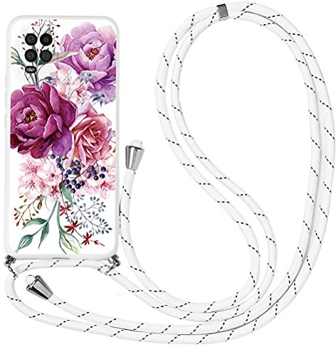 Yoedge Funda Con Cuerda Para Xiaomi Redmi Note 11/11S 4G 6,43, Blanco TPU Silicona Mate Case Con Lindo patrón Dibujos Animados Con Colgante Ajustable Correa de Cordón Cárcasa, Flor 1