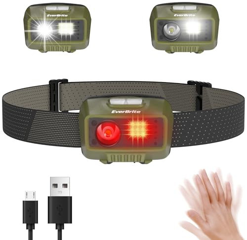 EverBrite Stirnlampe LED wiederaufladbar, 500 Lumen Grün Kopflampe mit 5 Modi, Rotlicht und Bewegungssensor, 80g leichte Stirnleuchte für Joggen, Wandern, Camping [inkl. Micro USB Kabel]