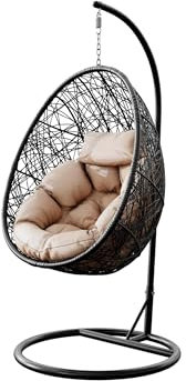 Mirjan24 Hängesessel mit Gestell und Kissen Bordia, Hängestuhl mit Rückenkissen, Hängesitz, Hängekorb, Stahlskelett, Indoor & Outdoor (schwarz/Kissen: beige)